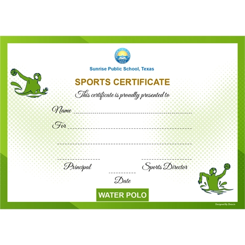 School Sports Award Certificate Water Polo A4 Size | Use on Laser Printer
